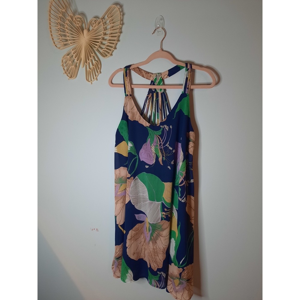 Floral Strappy Racerback Mini Dress Navy‎ Blue Botanical Print V-Neck Shift